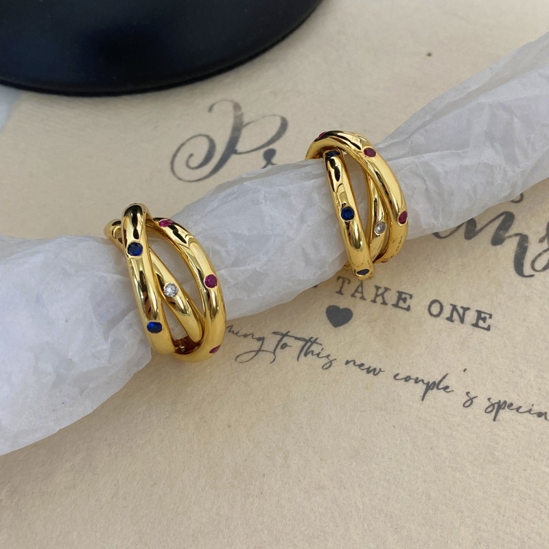 Classic Three- Ring Geometric Gemstone Rings Stylish Retro Fashionable Midi Rings Copper Material  Style