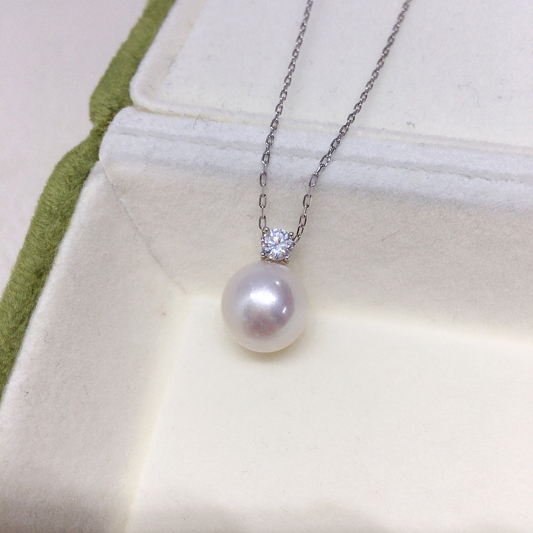 Natural Freshwater Pearl Necklace Single Bead Perfect Round Aurora Pearl Pendant S925 Sterling Silver Clavicle Chain Women's Style White