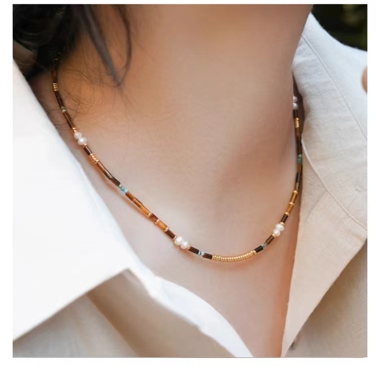 Tiger Eye Pearl Necklace Set Women's New  Baroque Style Natural Stone Irregular Shape Chinese Traditional Jewelry Accessories