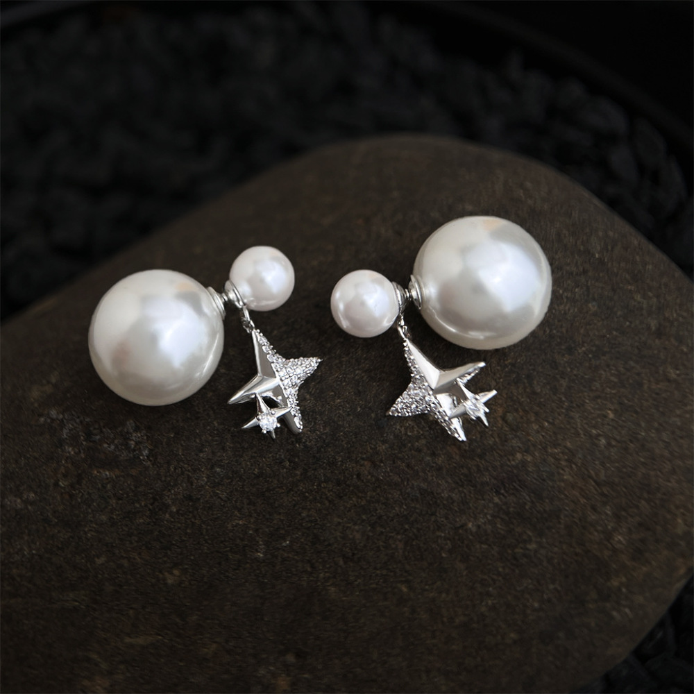 Elegant Pearl Zirconium Ear Studs Original Double Wear True Gold Plated Starburst Fashionable Feminine Jewelry Accessories