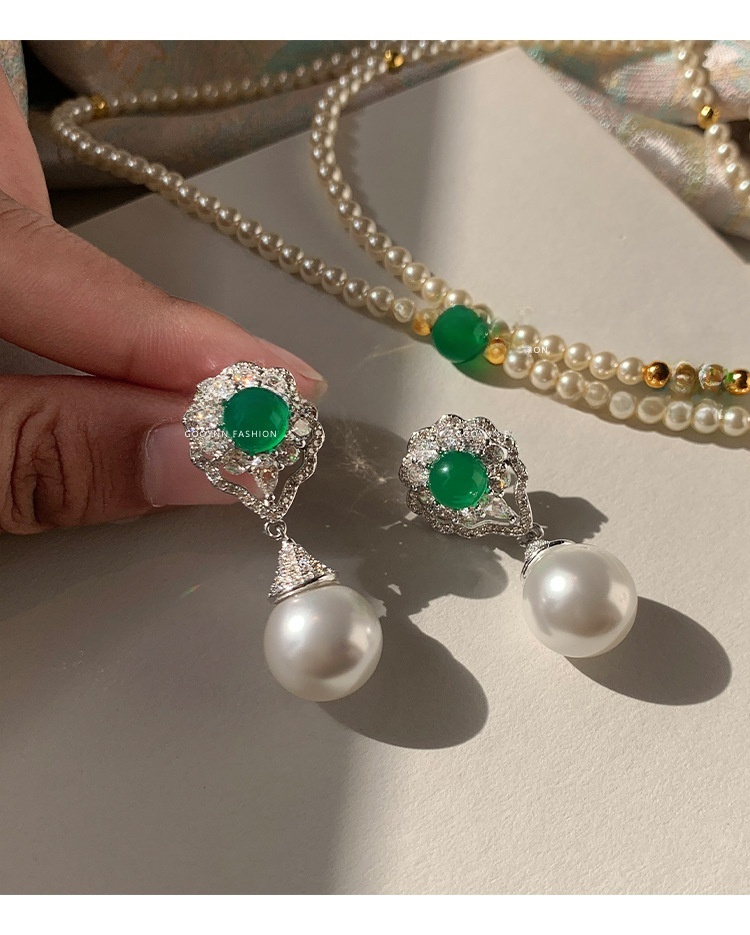 Natural Green Agate Pearl Drop Earrings Women's Luxury Unique Design High-End Sensation Court Style Jewelry Accessories