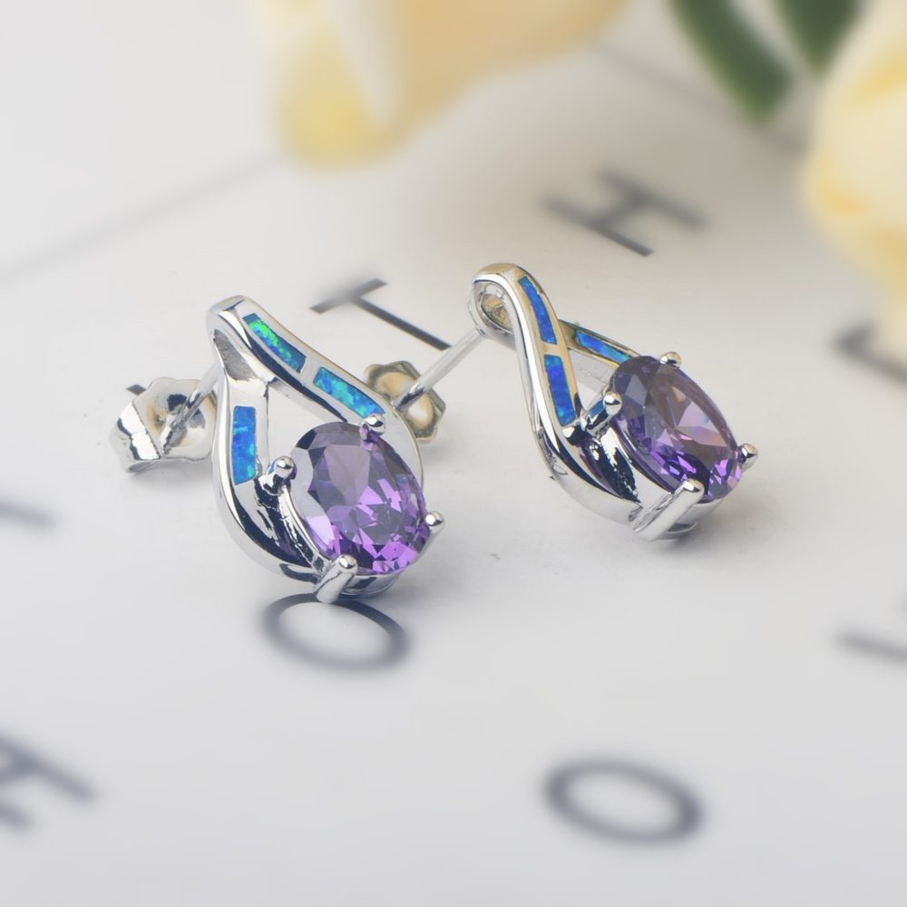 Hawaii Style Blue Opal Heart Shaped Earrings Fashionable TikTok Trend Unisex Copper Geometric Pattern Jewelry Accessories