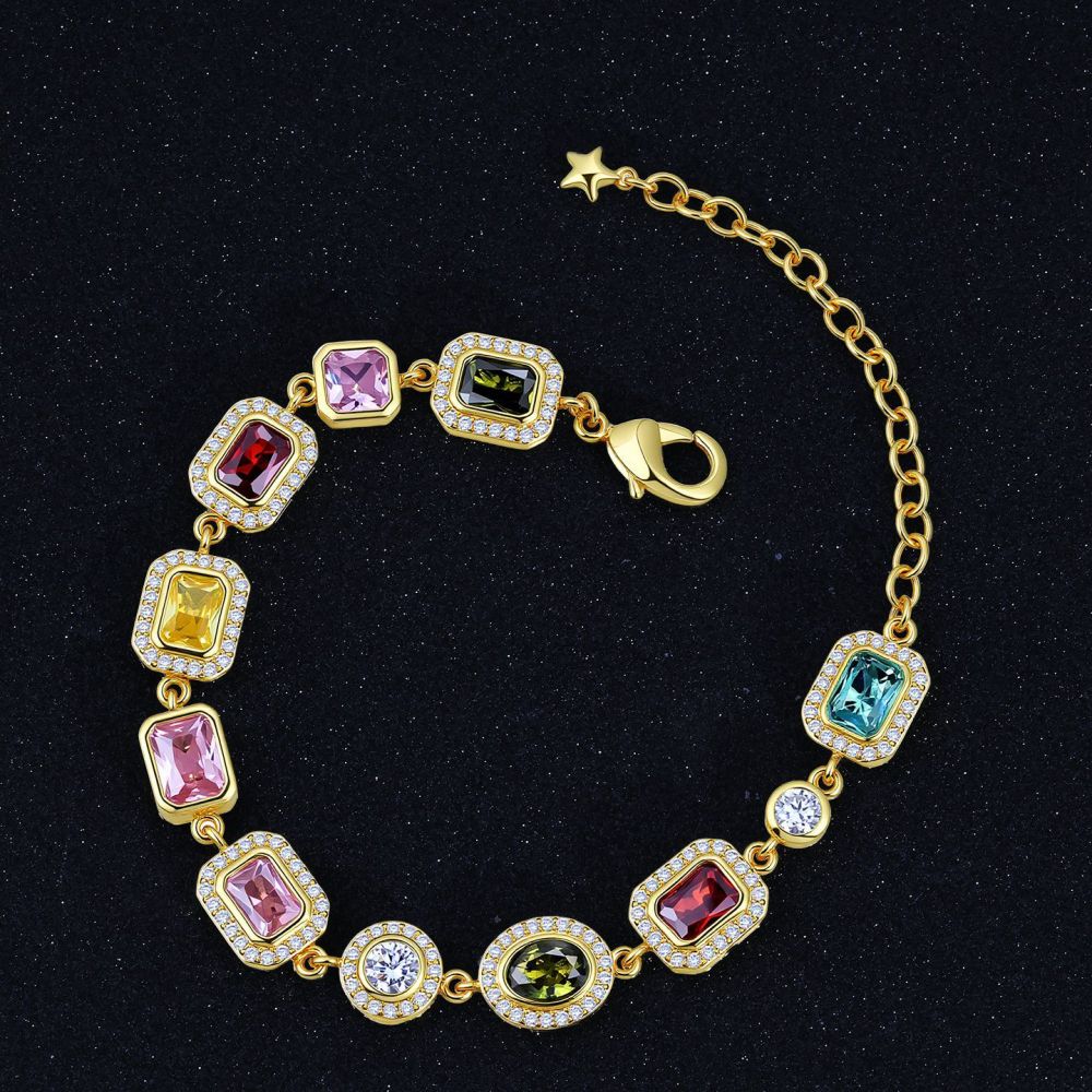 Colorful Gemstone Jewelry Set For Men And Women Hip Hop Style Zircon Necklace And Bracelet Popular Trendy Jewelry Accessories