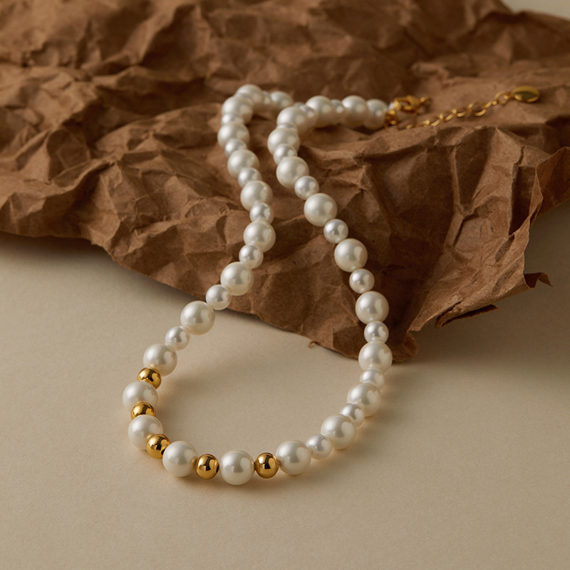 Handmade Pearl Shell Bead Necklace Vintage Versatile Elegant Women's Geometric Pattern Copper Jewelry Accessories Necklace