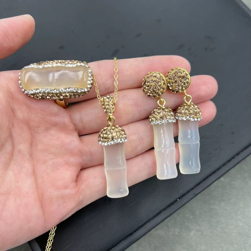 Handmade Natural Agate Bamboo Lucky Three-Piece Set Ethnic Style Czech Crystal Induction Wearing Accessories Luxury Copper