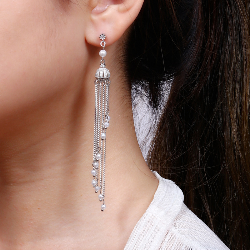 Long Tassel Pearl Crown Earrings Women's Accessories Multi-functional Copper Material Rose Gold Plated Minimalist