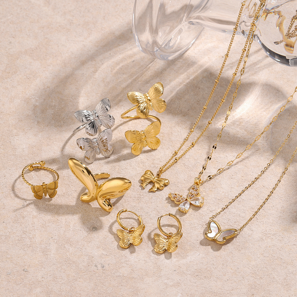 PVD Coated Real Gold Plated Butterfly 304 Stainless Steel Simple Style Classic Style Waterproof Non Tarnish Rings Earrings Necklace