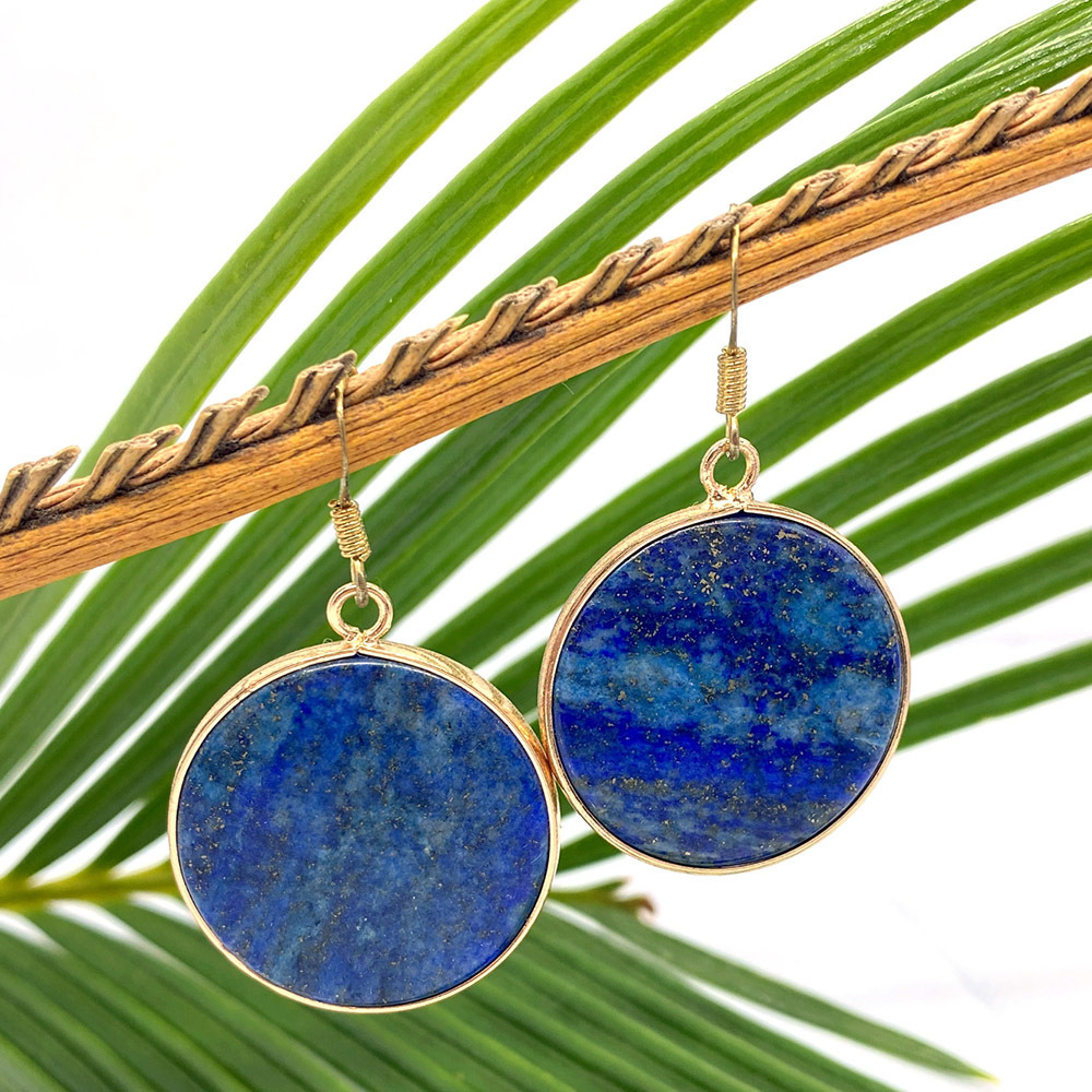 Natural Stone Tiger Eye Lazurite Pendant 26mm Round Edge Drop Earrings DIY Jewelry Accessories Women's Geometric Pattern