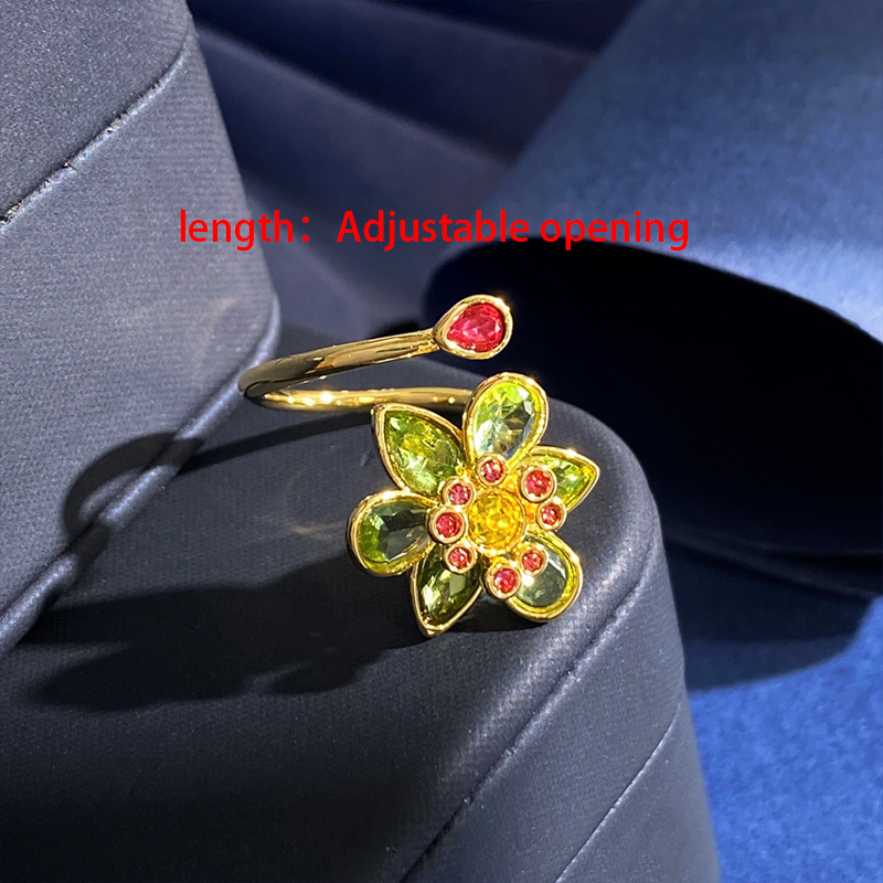 2025 New Crystal Colorful Flower Women's Earrings Elegant Sensation Small Design Daily Wear Adjustable Size Bronze Ring