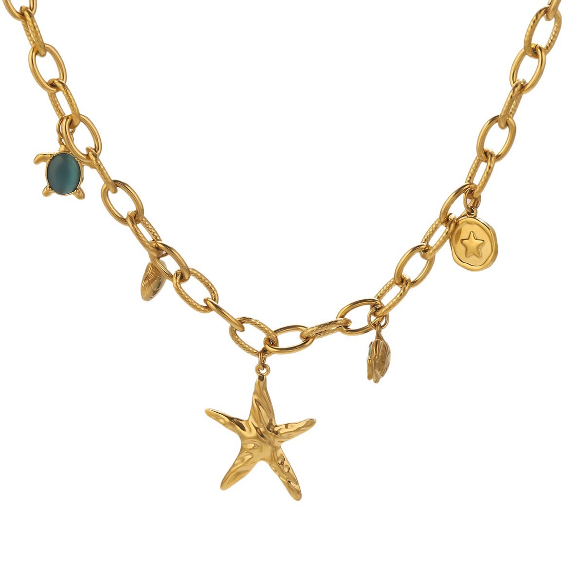 Ocean Wind Starfish Turtle Stainless Steel Necklace Golden Chain Multi-Pendant Design Fashion Necklace Ornament