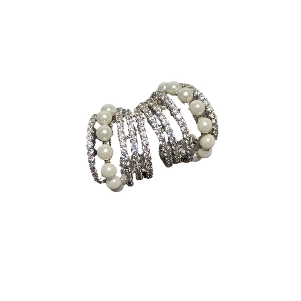 Elegant French Pearl Stud Earrings Women's Diamond Embedded Line Multi-circle Pearl Hoops Stylish Fashion Jewelry Accessories