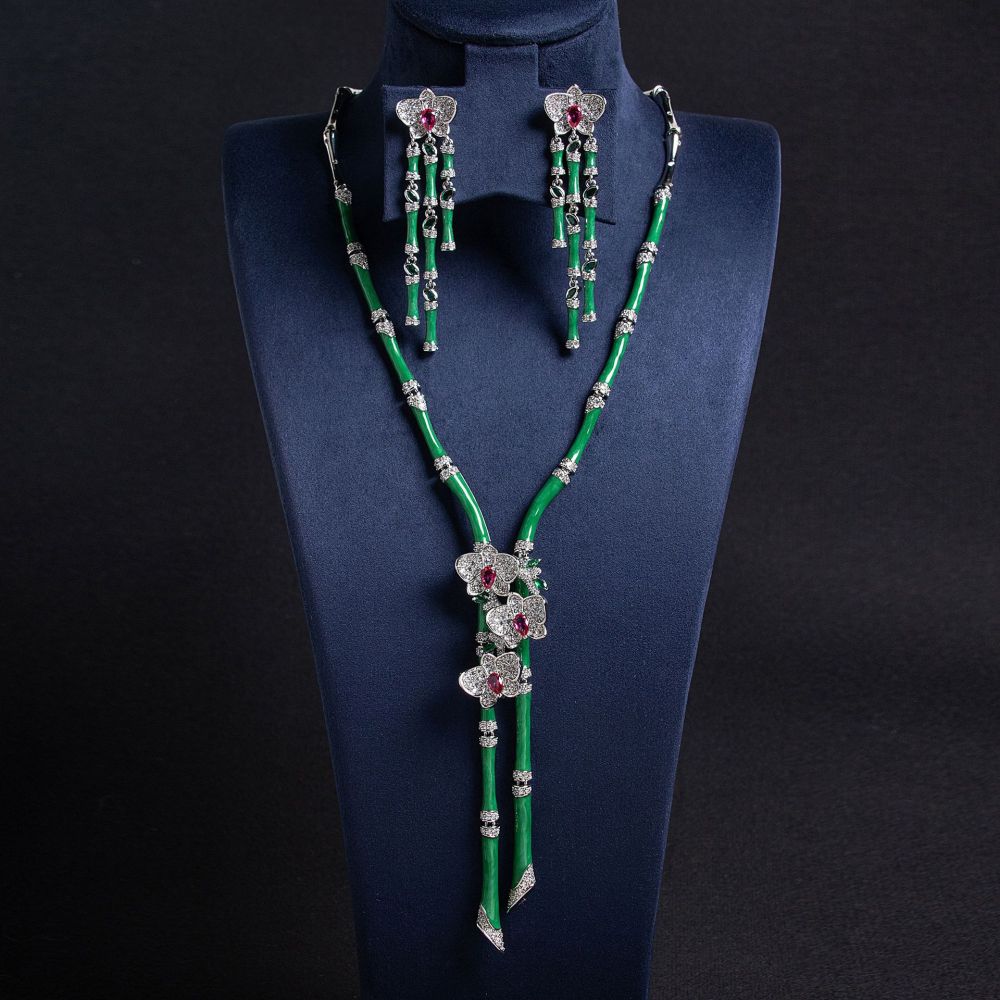 Luxurious Detachable Bamboo Necklace Earrings Set High-End Jewelry Accessories For Women Floral Pattern Engraved Copper Craft