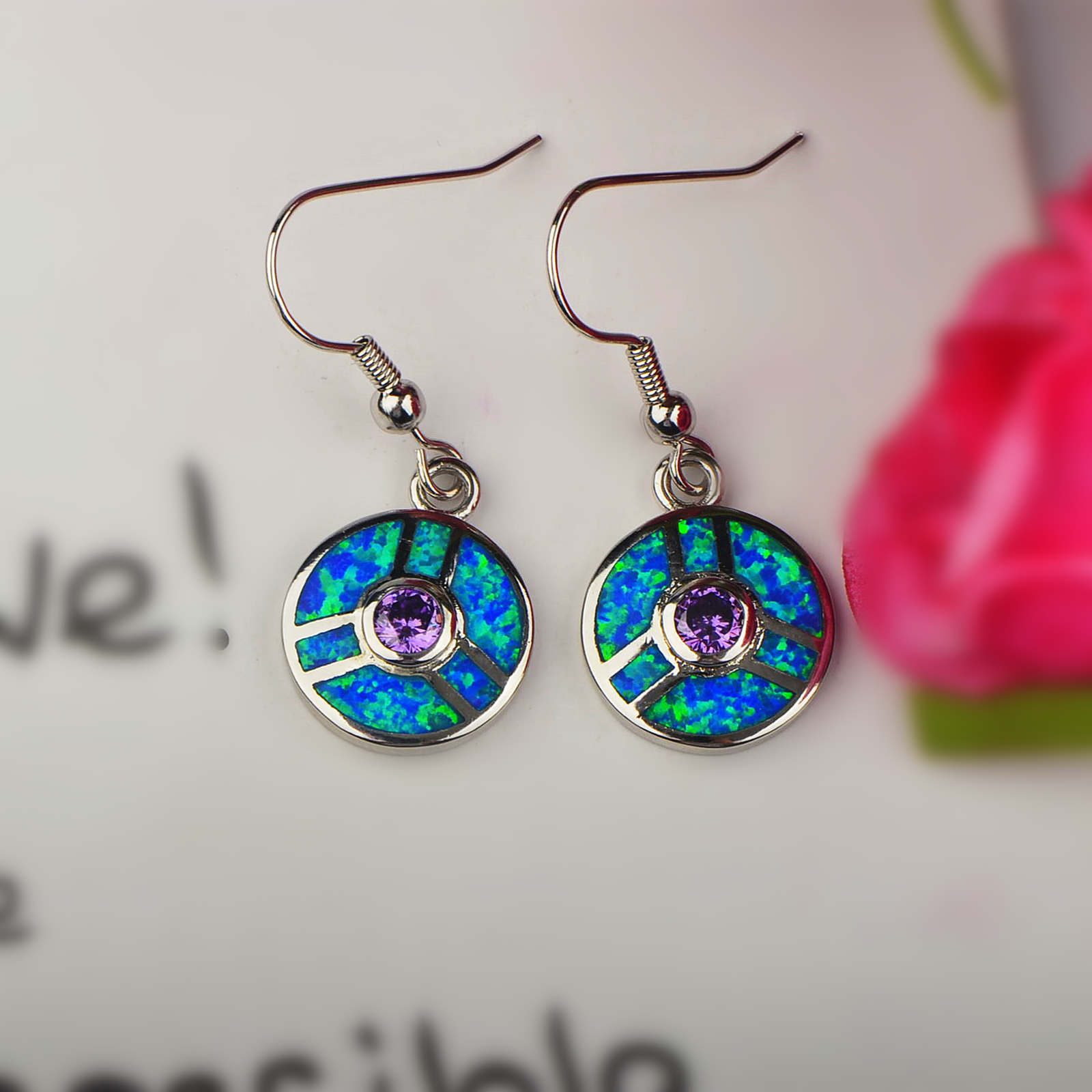 Ocean Wind Round Opal Earrings Beach Girl Coin Earrings Sweet Style Geometric Pattern Copper Jewelry Accessories For Women