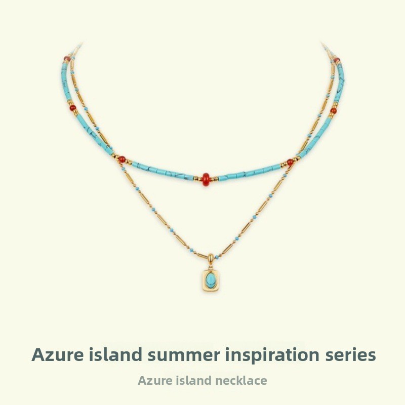 Three-layer Turquoise Bohemian Style Titanium Steel Collarbone Chain Necklace Women's Jewelry Accessories Heart Shape Geometric Pattern Design