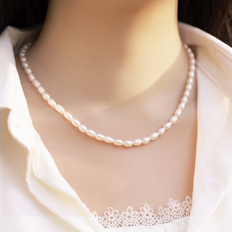 Elegant And Simple Freshwater Pearl Necklace For Women, Exquisite High-End Texture S925 Sterling Silver Clavicle Chain, Silver-Plated Beaded Neck Jewelry