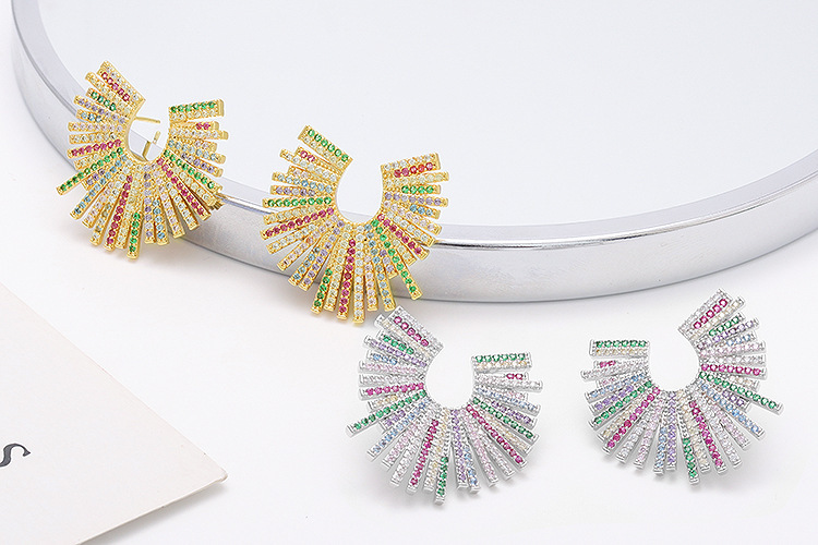 Exaggerated Geometric Mixed Color Zircon Inlaid Gold Plated Earrings Fashionable Personality U-Shaped Jewelry Accessories