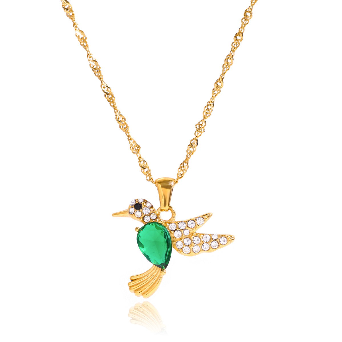 Women's Vintage Style 18K Gold Stainless Steel + Zircon + Rhinestone Necklace With Green Zircon And White Rhinestone Bird Pendant 41+5CM
