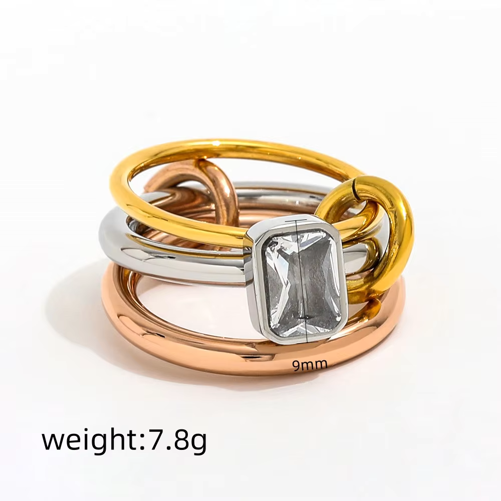 Fashionable Three-Color Three-Ring Zircon 304 Stainless Steel 18K Gold Plated Geometric Vacuum Electroplated Waterproof Non-Fading Ring
