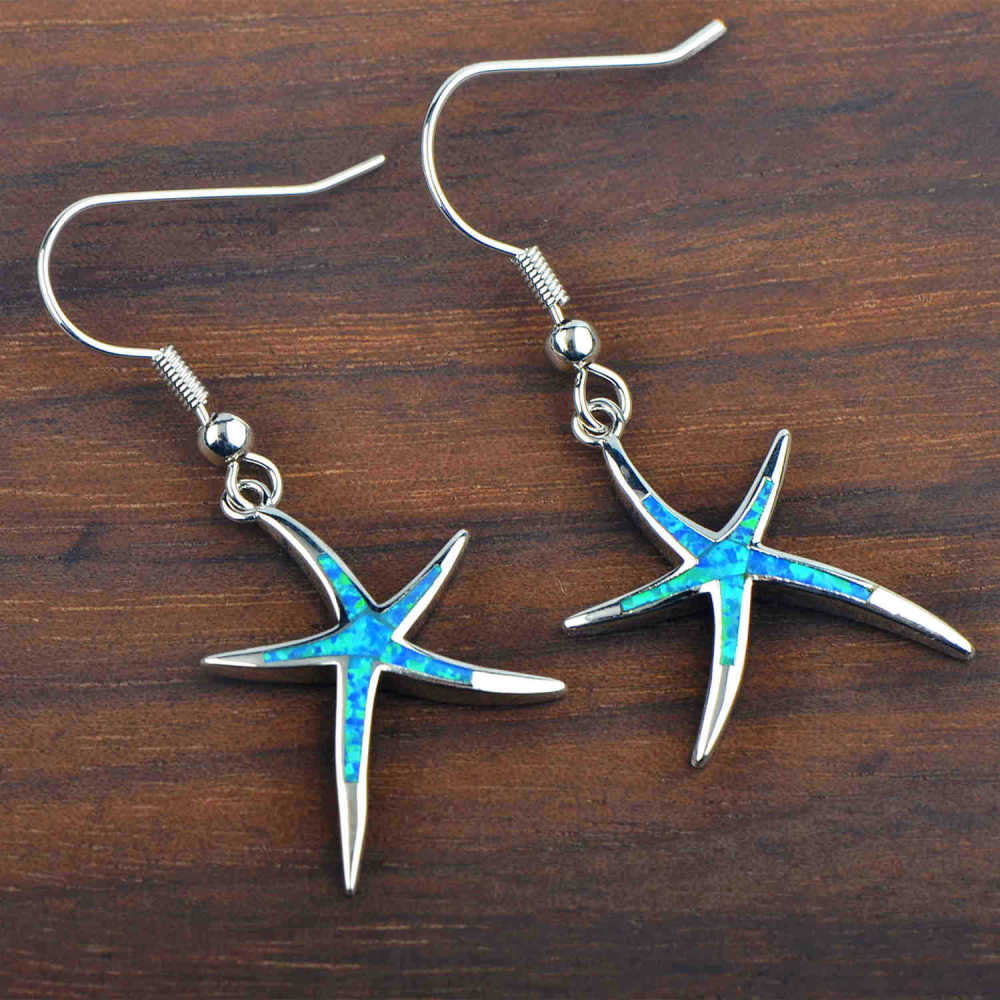 Blue Starfish Opal Hoops Women's Earrings Summer Vacation Style Geometric Pattern Copper Jewelry Accessories