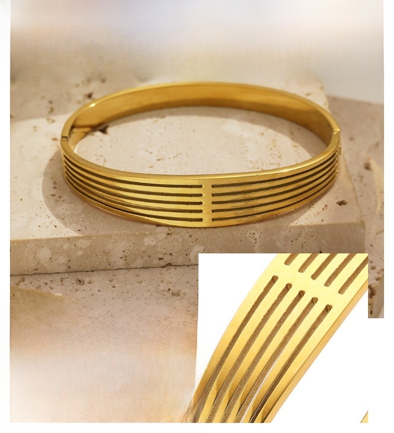 Gold Gold-plated Stainless Steel Titanium Alloy Hollow Geometric Multi-layer Laser Engraved Women's Bracelet Simple Design
