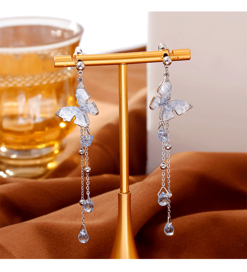 Luxurious Gradient Crystal Butterfly Waterdrop Tassel Earrings Fashion Sweet Personality Round Face Women's Jewelry Accessories