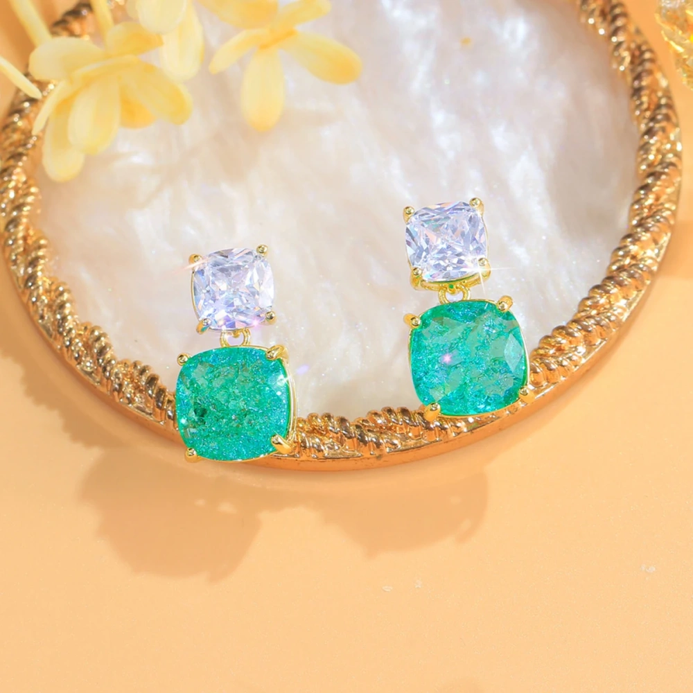 Copper Style Stud Earrings Dazzling White Green Crushed Ice Color Cubic Zirconia Crystal Square Dangle Earrings Fashion Women Party Jewelry Accessories
