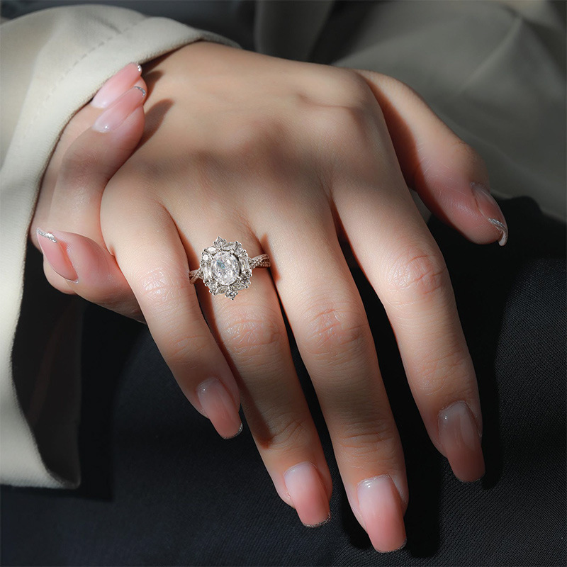 Luxurious High Carbon Diamond 7x9 Pigeon Egg Ice Flower Cut Plated Platinum Ring Fashion Geometric Pattern Live Direct Sale