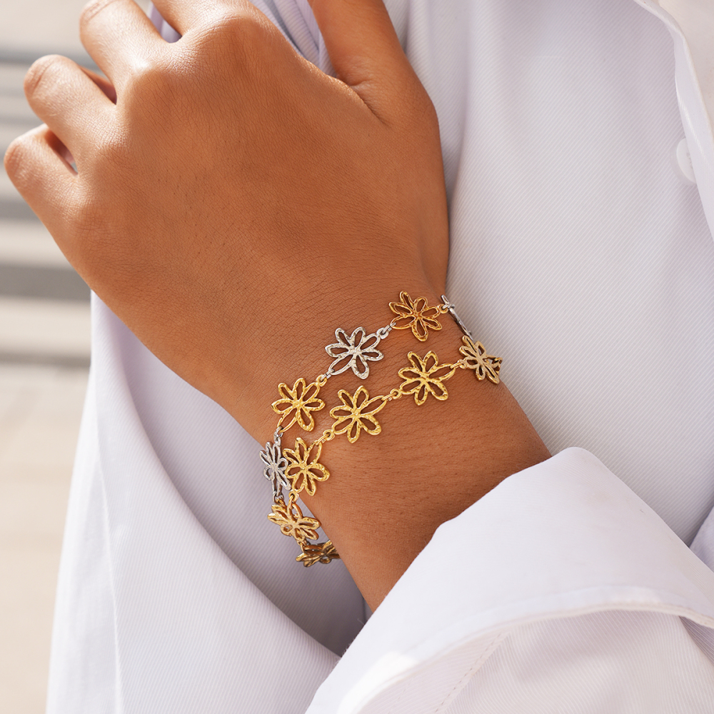 18K Gold Plated 304 Stainless Steel Vacuum Electroplating (In Furnace) Vintage Floral Waterproof Non-Fading Asymmetric Three-Dimensional Handmade Chain Women's Bracelet Jewelry Accessories