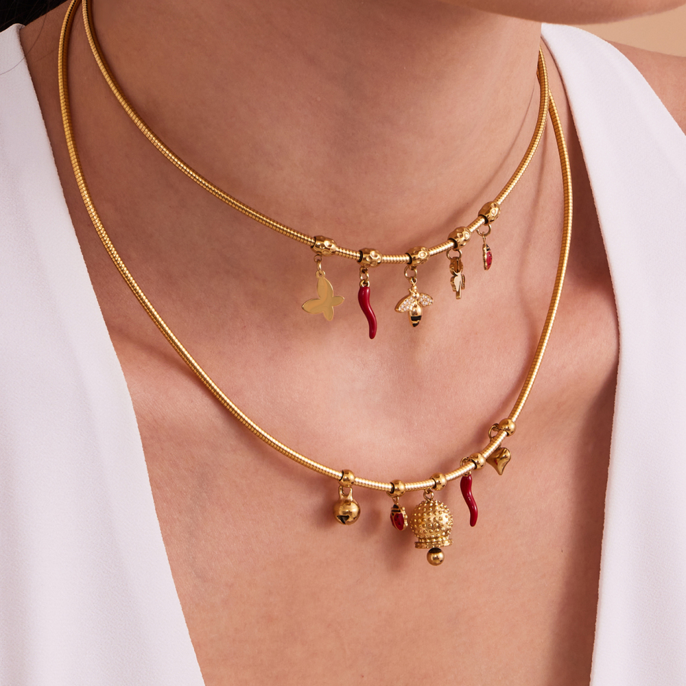 Stainless Steel DIY Bell Bee Zircon Small Pepper Heart Multi-Accessories Necklace 18K Gold Plated Fashion Versatile Luxury Jewelry Set