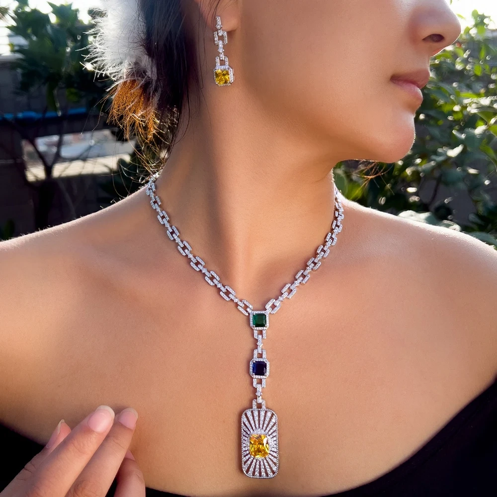 Copper Jewelry Two-Piece Set Women's Fashion Wedding Party Jewelry Luxurious Cubic Zirconia Cuban Link Long Bar Pendant Necklace Earrings Set