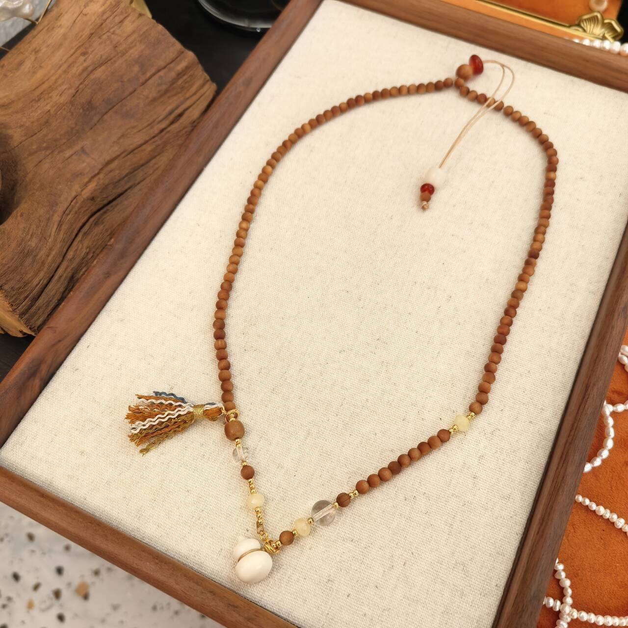 New Chinese Style Long Necklace With White Crystal Camel Bone Ivory Gourd Sandalwood Accessories Drawstring Design For Cheongsam