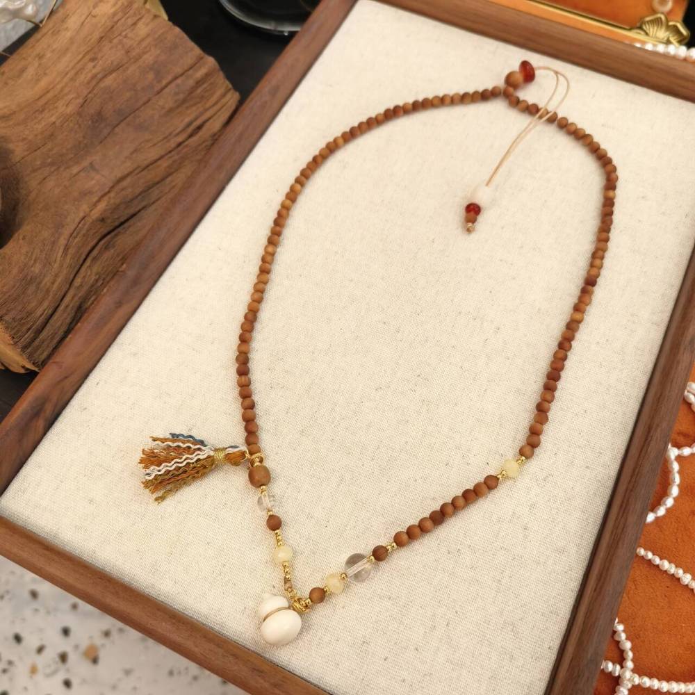 New Chinese Style Long Necklace With White Crystal Camel Bone Ivory Gourd Sandalwood Accessories Drawstring Design For Cheongsam