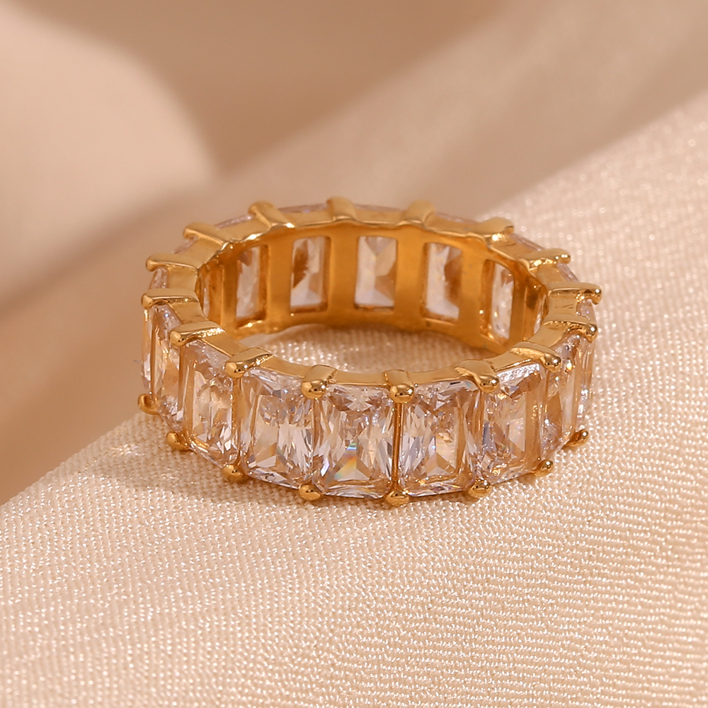 304 Stainless Steel Geometric PVD Coated Zircon 18K Gold Plated Real Gold Plated Basic Simple Style Classic Style Waterproof Non Tarnish Plating Inlay Rings