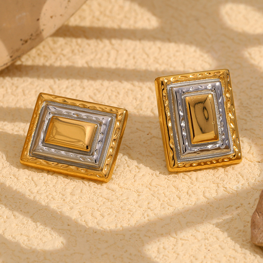 PVD Coated Real Gold Plated Rectangle 304 Stainless Steel Vintage Style Waterproof Non Tarnish Ear Studs