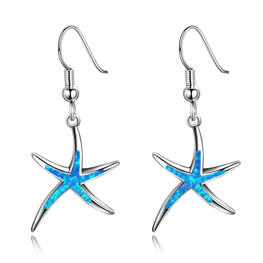 Blue Starfish Opal Hoops Women's Earrings Summer Vacation Style Geometric Pattern Copper Jewelry Accessories