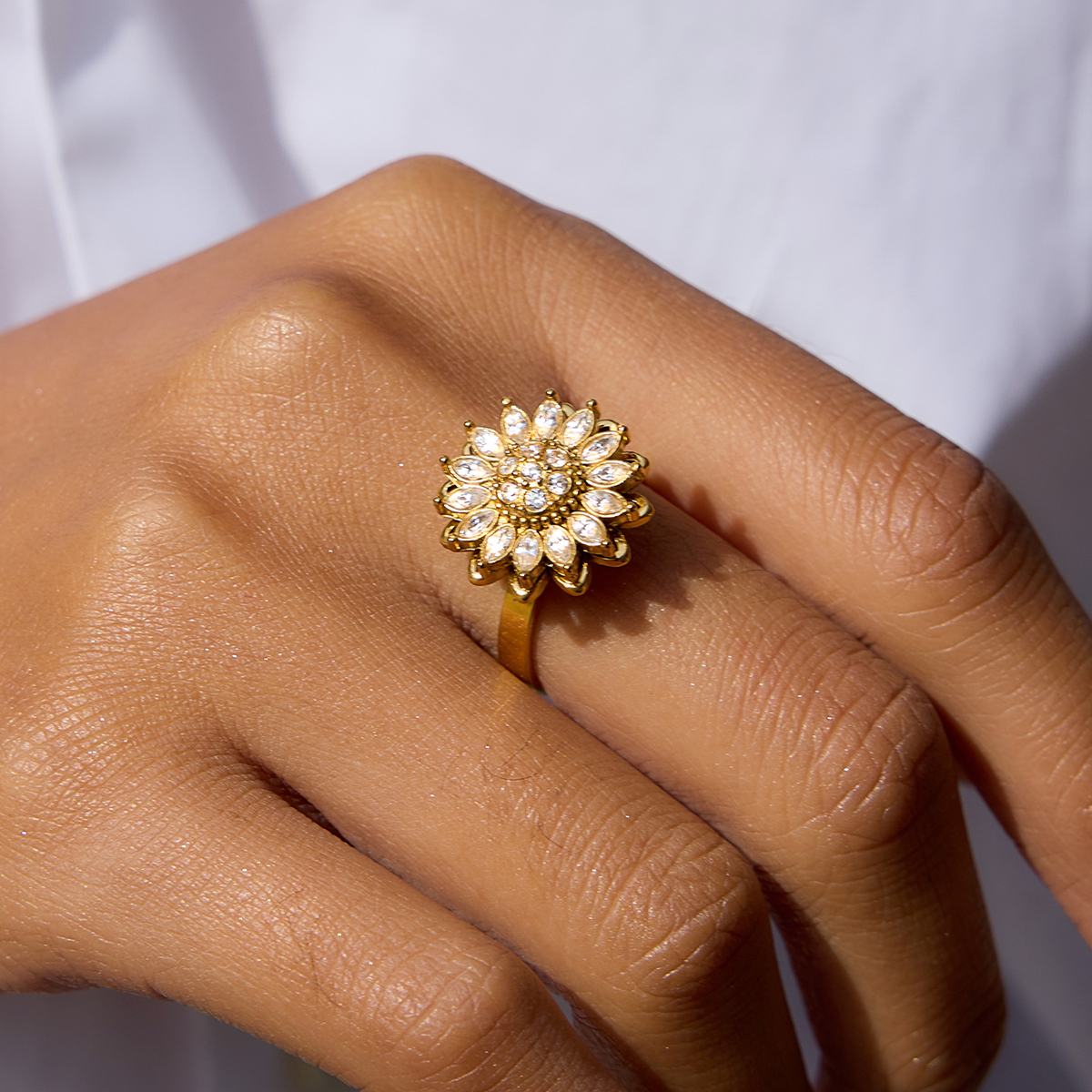 Women's Classic Style / 18K Gold 304 Stainless Steel With Rhinestone Flower Cross Rotatable Open Ring Geometric Asymmetric Mixed Color Vacuum Electroplated Zircon