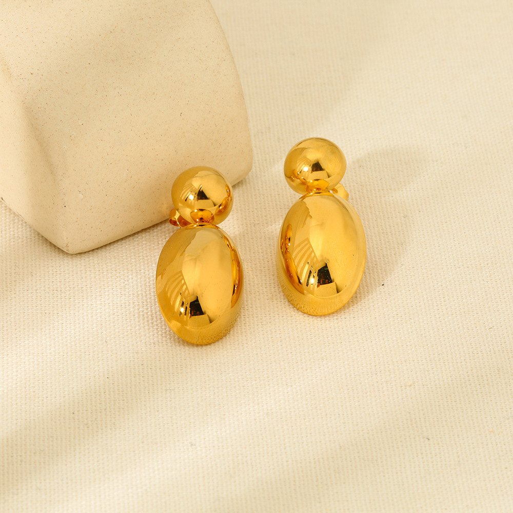 Geometric Stainless Steel Earrings Gold Plated 18K Smooth Surface Oval And Round Shaped Fashionable Women's Jewelry Accessories