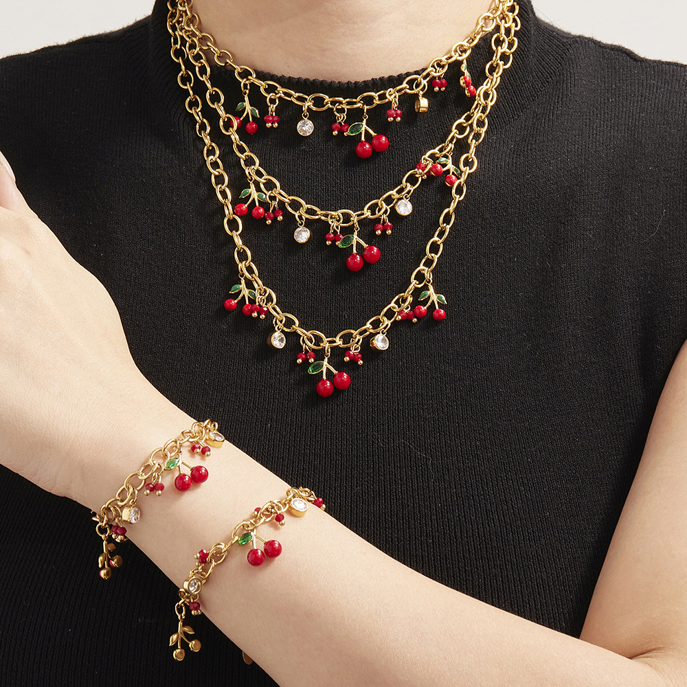 Stainless Steel Cherry Red Pearl Zirconia 18K Gold Plated Bracelet Necklace Set Versatile Personality Jewelry Accessories