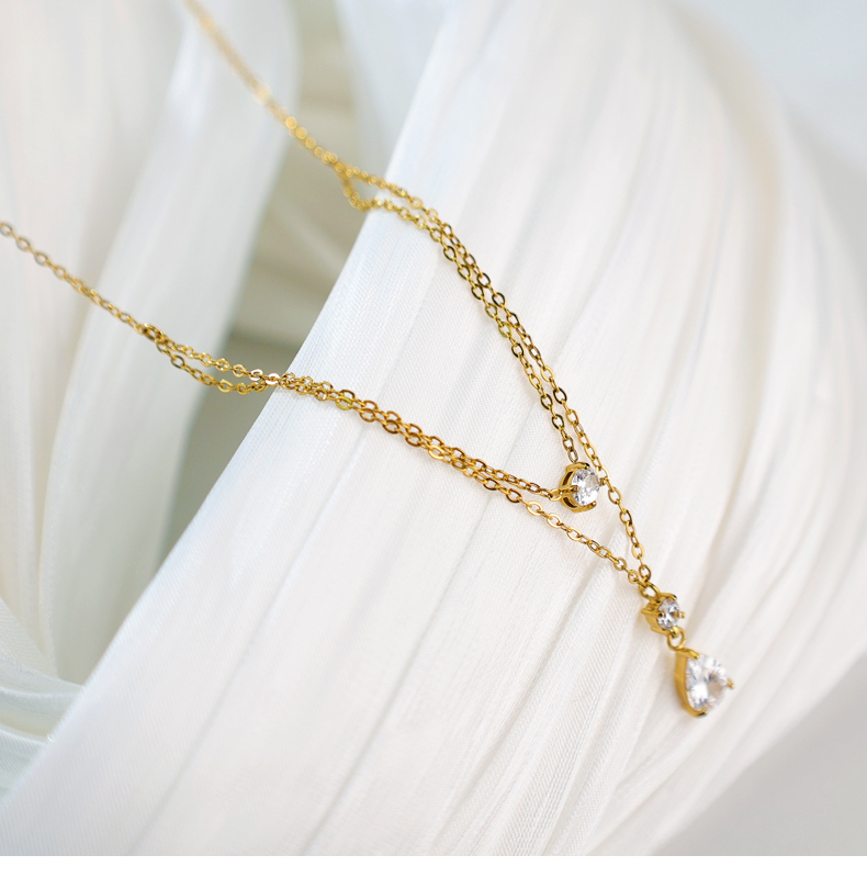 New Smart Water Drop Diamond Necklace Stainless Steel Plated 18K Gold Double Layer Clavicle Chain Autumn And Winter Sweater Coat Accessories