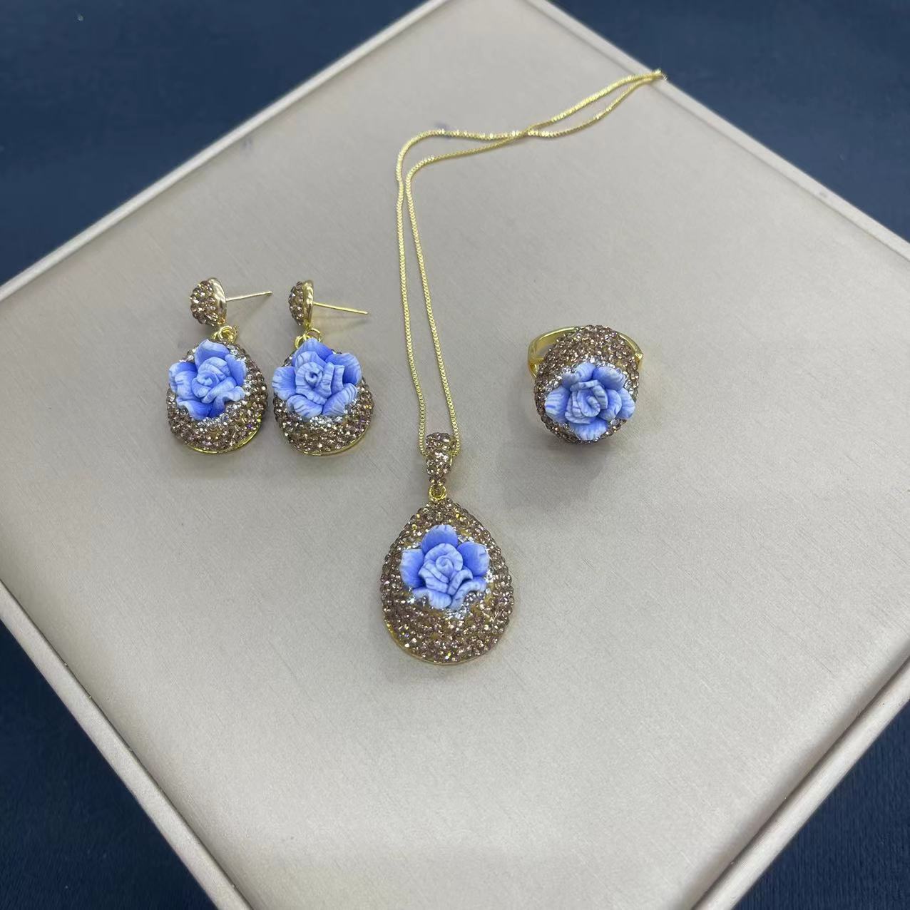 New Soft Clay Flower Inlay Three-Piece Set Personalized Lapis Rose Flower Mid-Aged High-End Feeling Jewelry Accessories