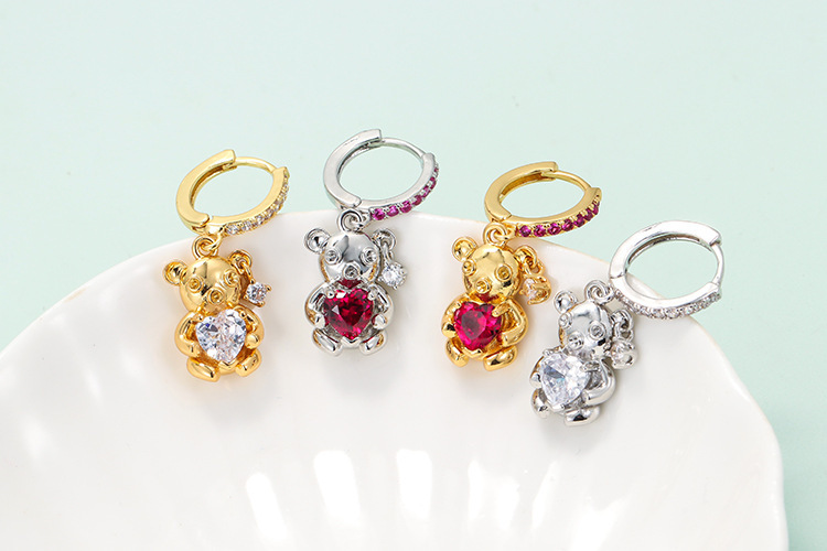 Wholesale Jewelry Micro-inlaid Zircon Heart Bear Copper Gold-plated Earrings Nihaojewelry