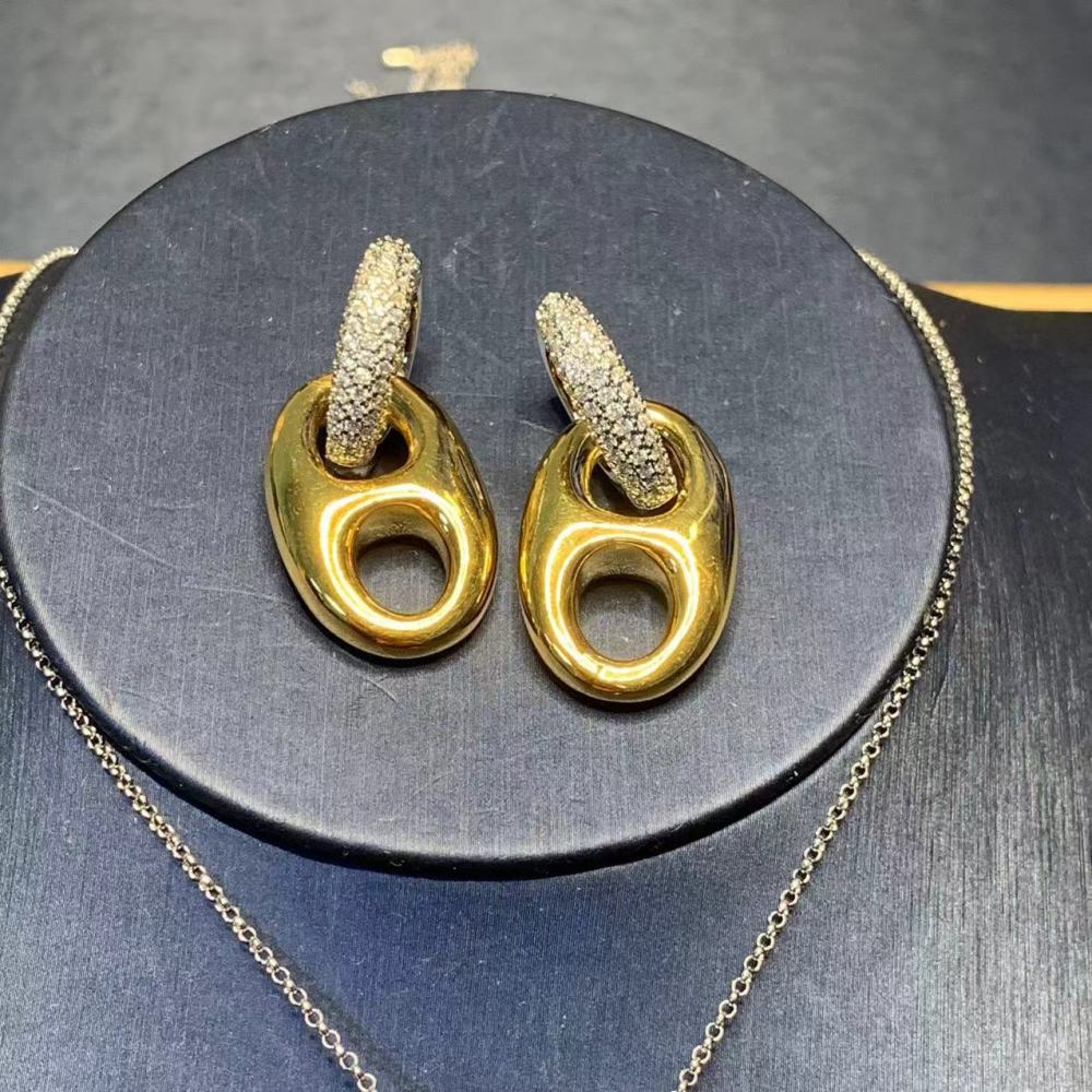 Gold Plated Pig Nose Earrings Women's Set Exaggerated Ear Jewelry Oval Necklace Delicate Clavicle Chain Simple Style Accessories