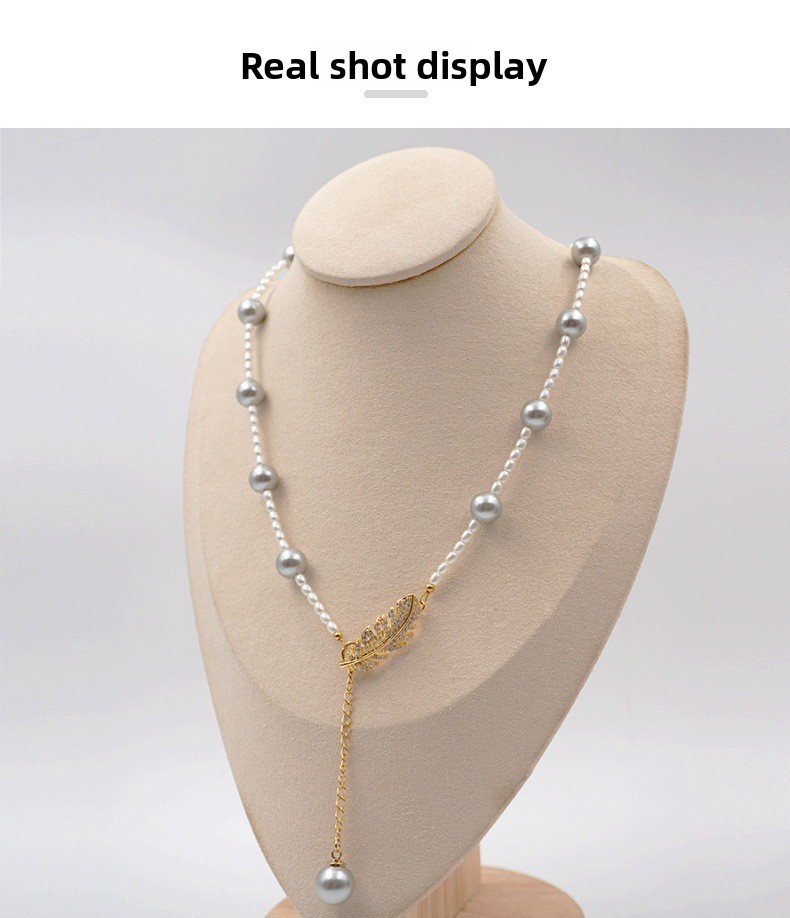 Grey Pearl Feather Y-Shape Sweater Chain Asymmetrical Multi-Ways Long Necklace Women's Fashion Accessories Handmade Craft