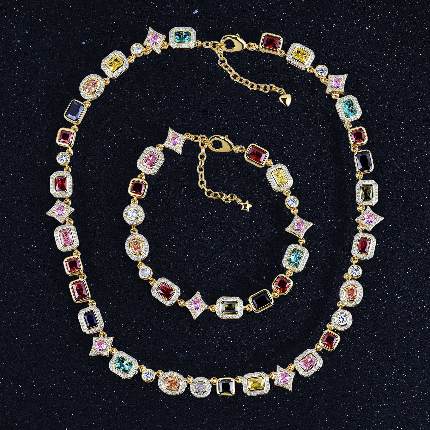 Colorful Gemstone Geometric Adjustable Women's Luxury Necklace Jewelry Hip Hop Dopamine Fashion Ins Diamond Embedded Light
