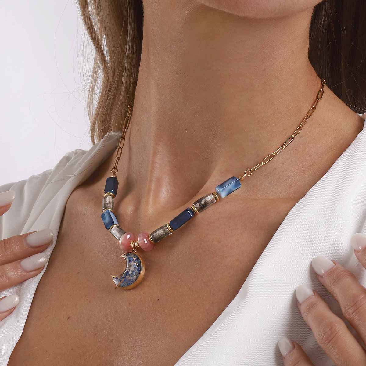Colorful Resin Pendant Necklace Stainless Steel Chain Layered Women's Jewelry Accessories