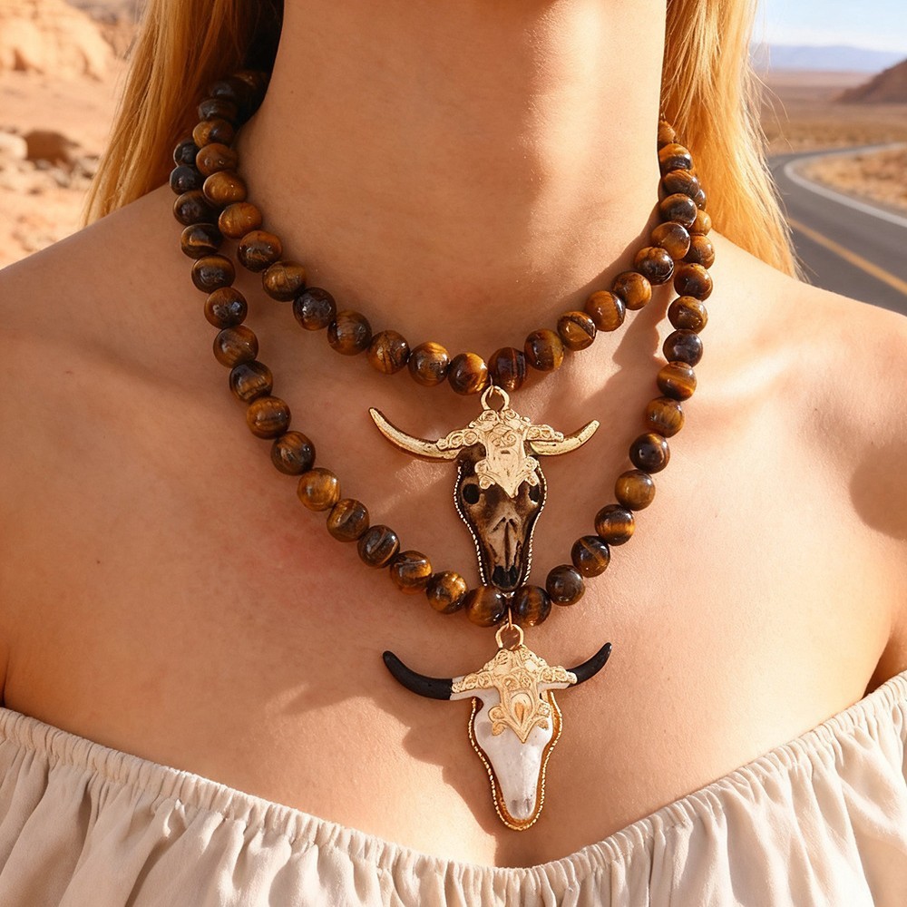 Dark Cow Head Natural Stone Beaded Necklace Unisex Daily Sweater Accessories Trendy Winter