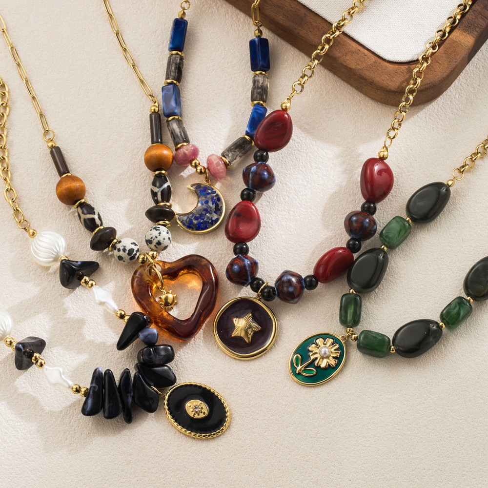 Colorful Resin Pendant Necklace Stainless Steel Chain Layered Women's Jewelry Accessories
