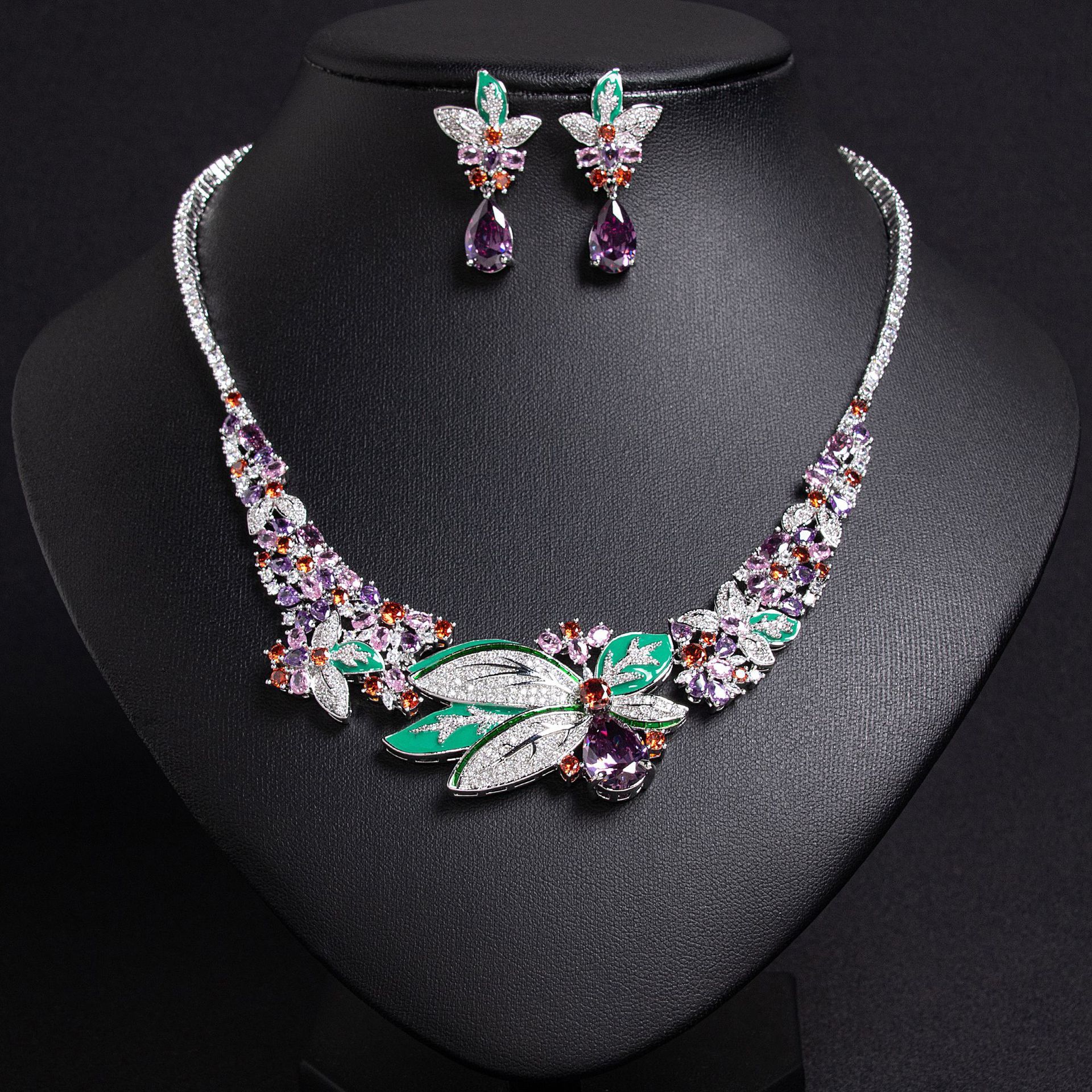 Elegant Floral Necklace Set With 3D Earrings Simple Style Women's Jewelry Zircon Inlay Copper Material Plant Pattern