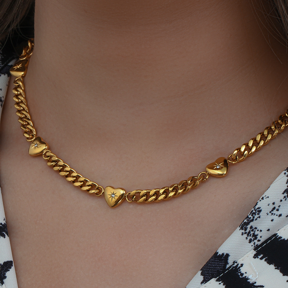 Wholesale Jewelry Fashion Heart Shape 304 Stainless Steel Zircon 18K Gold Plated PVD Coated Plating Necklace