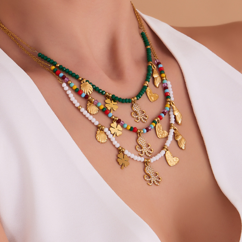 Stainless Steel Multi-Color Beads Necklace DIY Octopus Zircon Shell Heart Pendant Clavicle Chain Luxury Jewelry Accessories